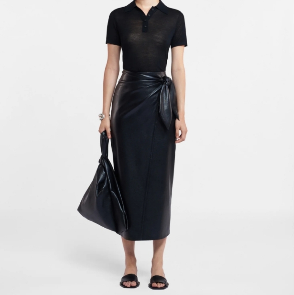 🧵Lingua Franca 100% Silk Black Satin Midi Wrap Pencil Skirt Size XL